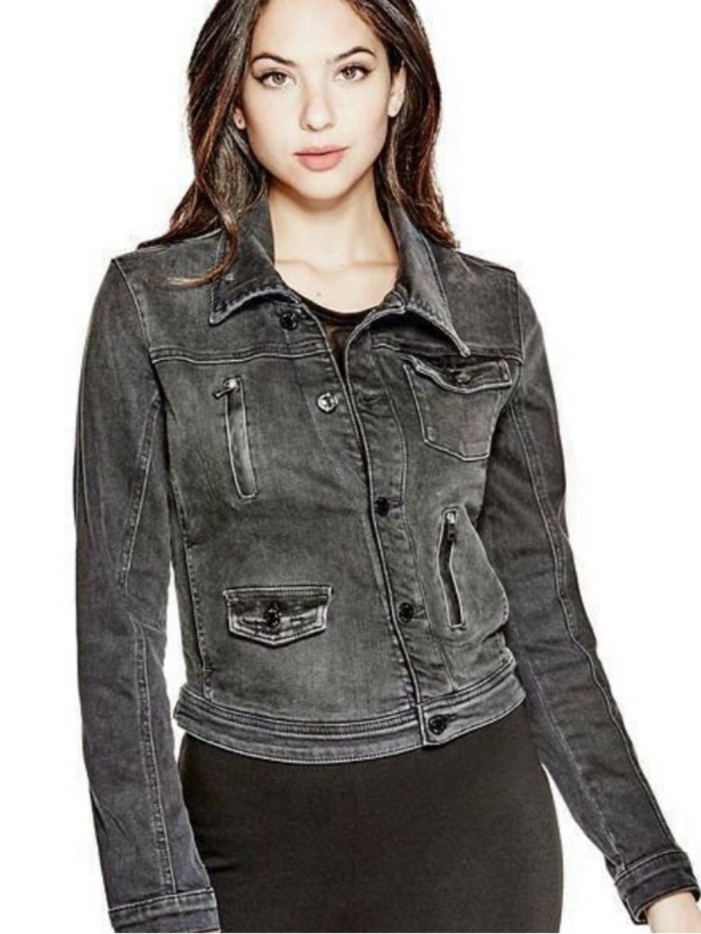 Guess Washed Black Jean Jacket with Button Front